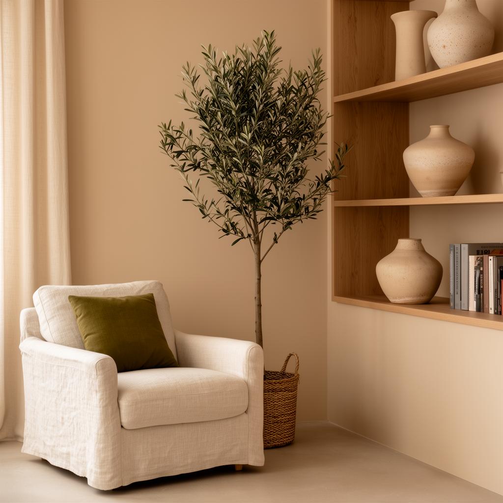 Serene interior with armchair and olive tree