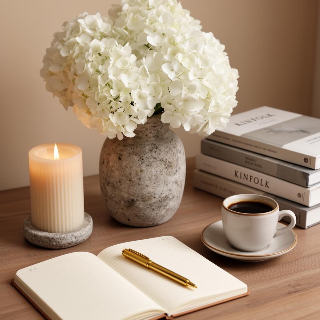 Hydrangeas, candle, and notebook